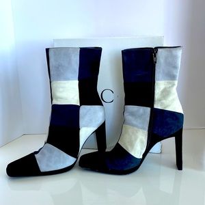 CASADEI Ankle Boots Leather Sude Color Block Shades of Greys, Black & Cream